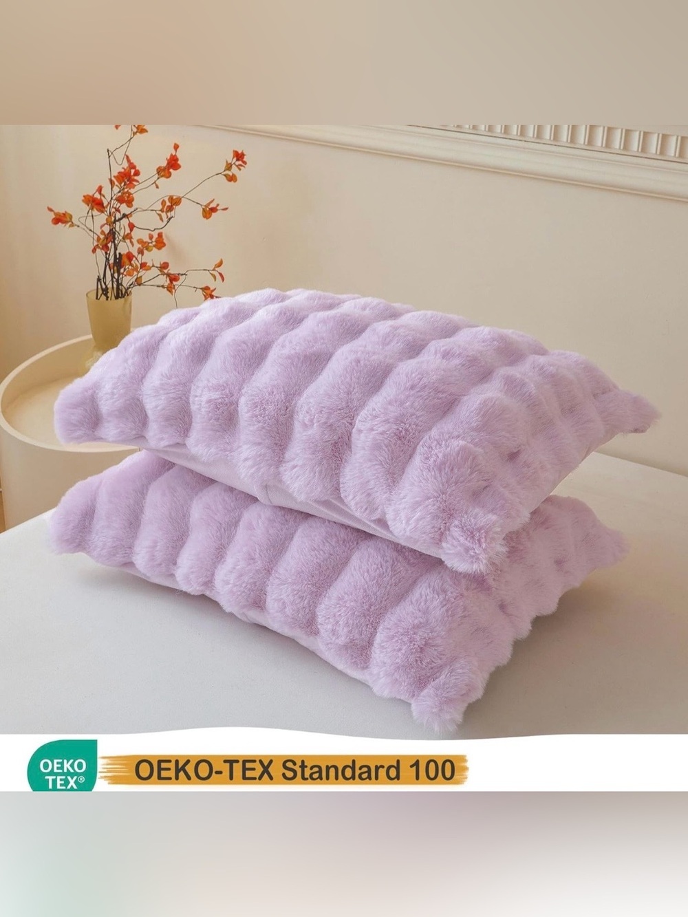2pc. Plush Faux Fur Lumbar Pillow - Lavender - Picture 3 of 9